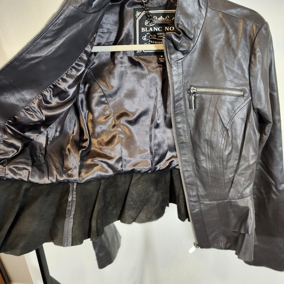 Blanc Nior Black Leather Ruffle Trim Jacket Sz Medium - Picture 9 of 11